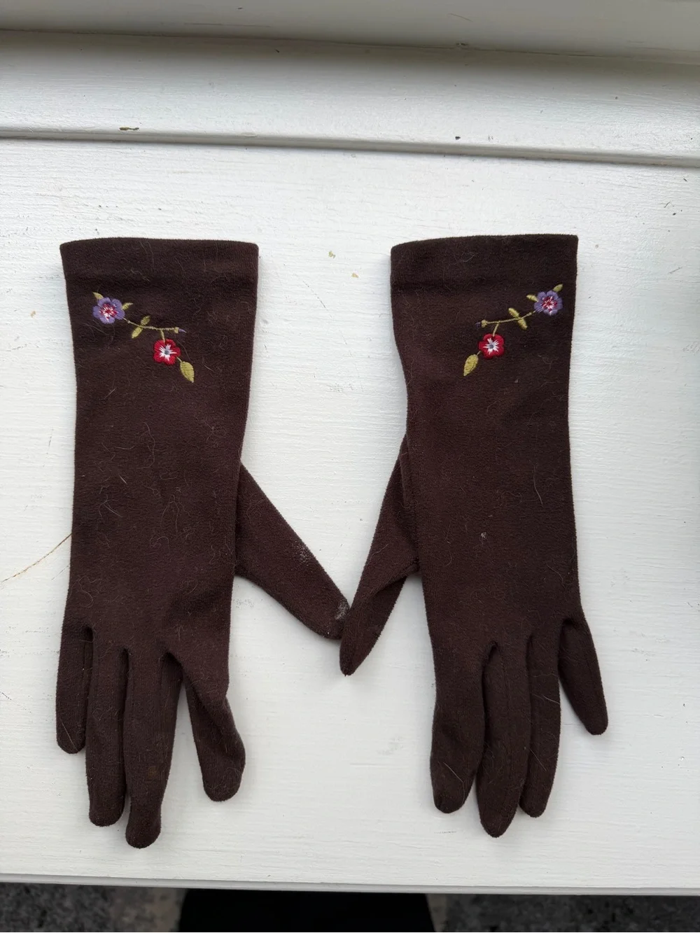 Vintage Suede Brown Embroidered Floral Gloves - Women Accessories